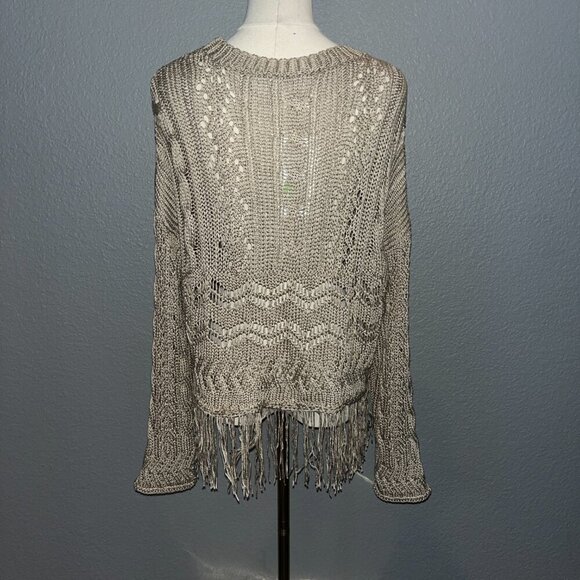 ZARA Taupe Open Cable Knit Fringe Bottom Oversized Cropped Sweater NWT - Large - Picture 6 of 14